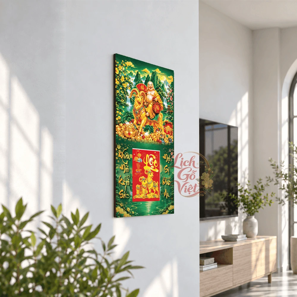 Lịch gỗ tráng gương 2027 30×60 cm Phật Di Lặc Hoa Mai LGV27T3-04 — ảnh 3
