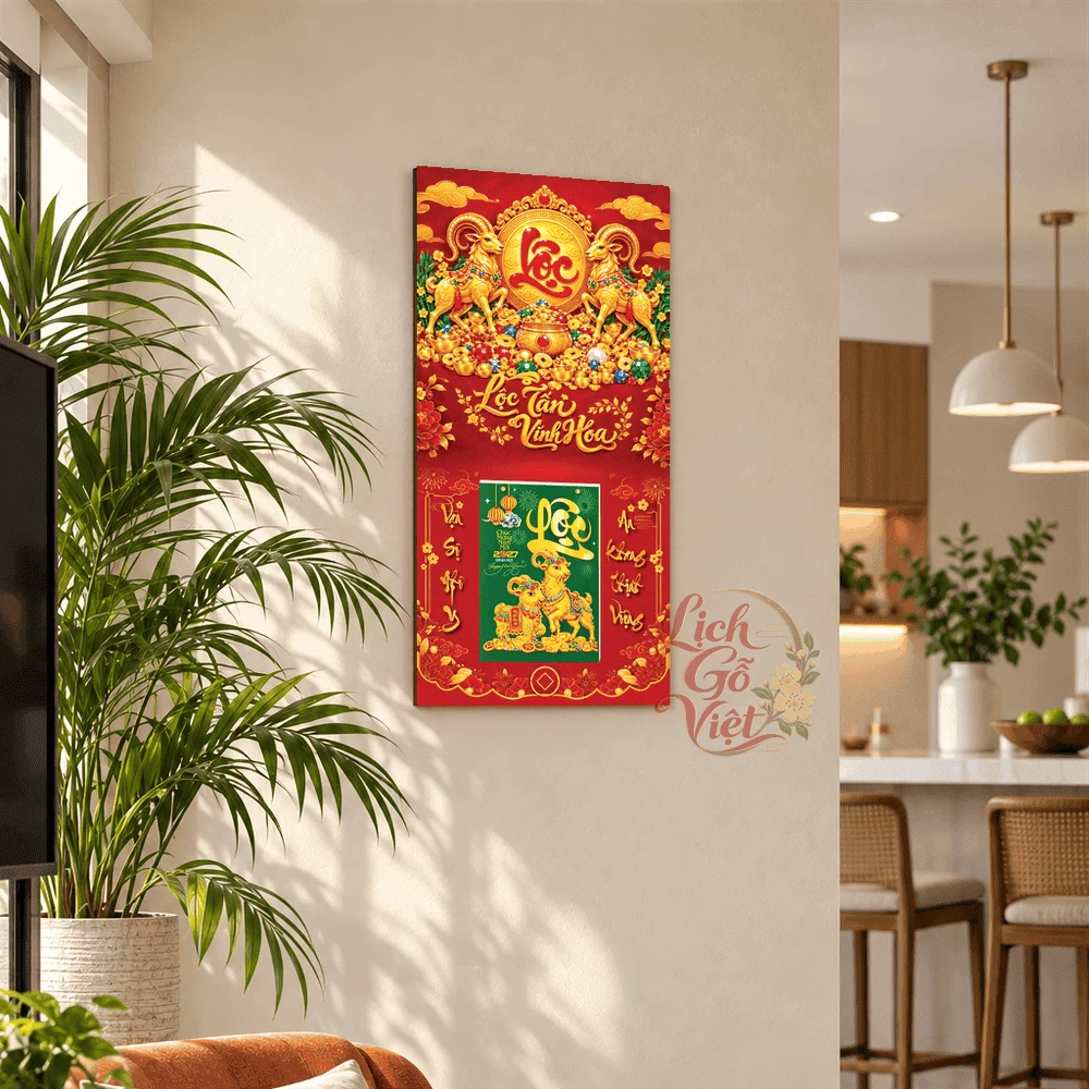 Lịch gỗ tráng gương 2027 30×60 cm Chữ Lộc Lộc Tài Như Ý LGV27T3-05 — ảnh 1