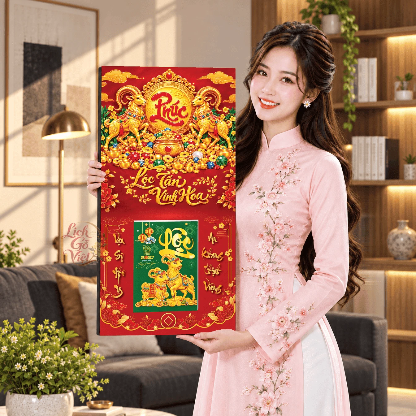 Lịch gỗ tráng gương 2027 30×60 cm Chữ Phúc Lộc Tài Như Ý LGV27T3-06 — ảnh 3