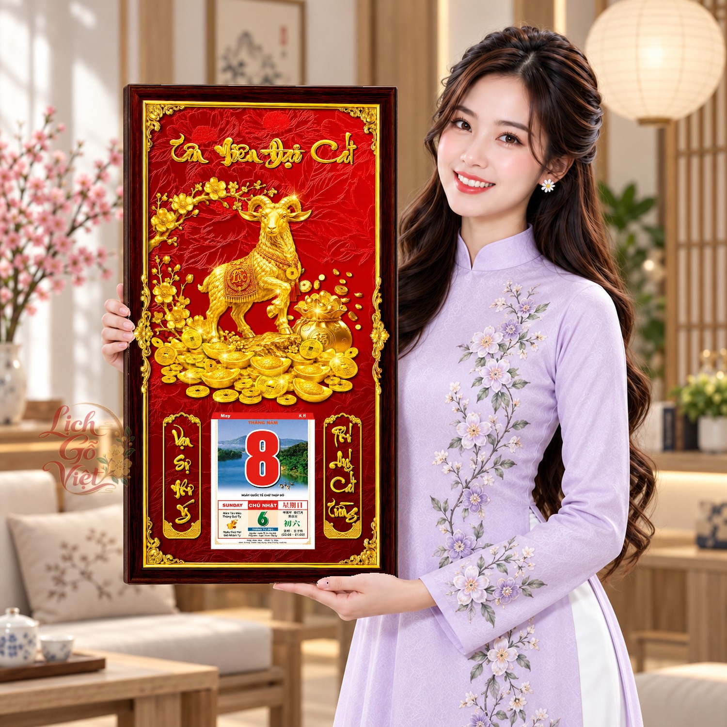 Lịch gỗ treo tường 2027 Kim Dương Hoa Khai Nền Đỏ 39×79 cm – LGV27AK-05 — ảnh 4