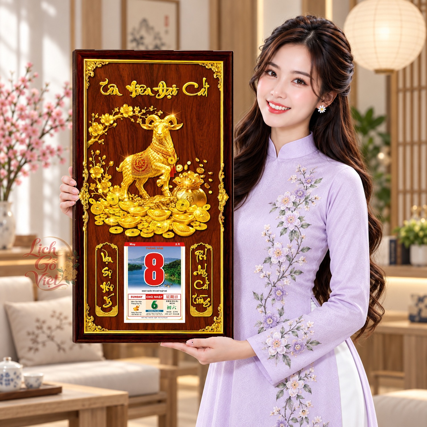 Lịch gỗ treo tường 2027 Kim Dương Hoa Khai Nền Gỗ 39×79 cm – LGV27AK-06 — ảnh 4