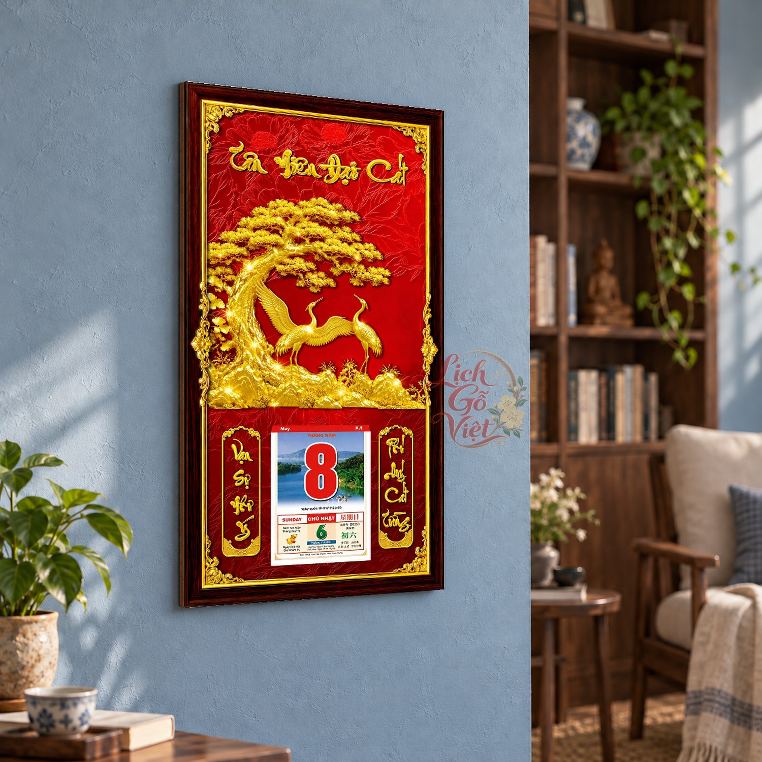 Lịch gỗ treo tường Chim Hạc Vàng Dưới Tán Tùng Nền Đỏ 39×79 cm – LGV27AK-11 — ảnh 3