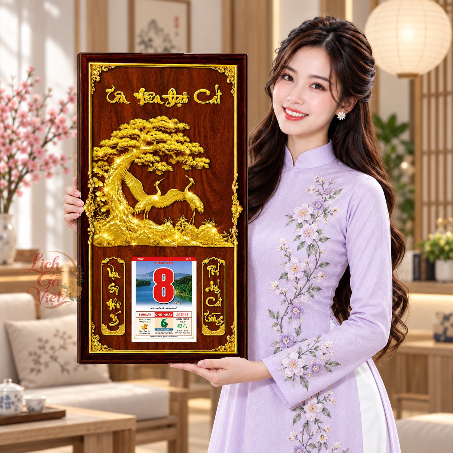 Lịch gỗ treo tường Chim Hạc Vàng Dưới Tán Tùng Nền Gỗ 39×79 cm – LGV27AK-12 — ảnh 4