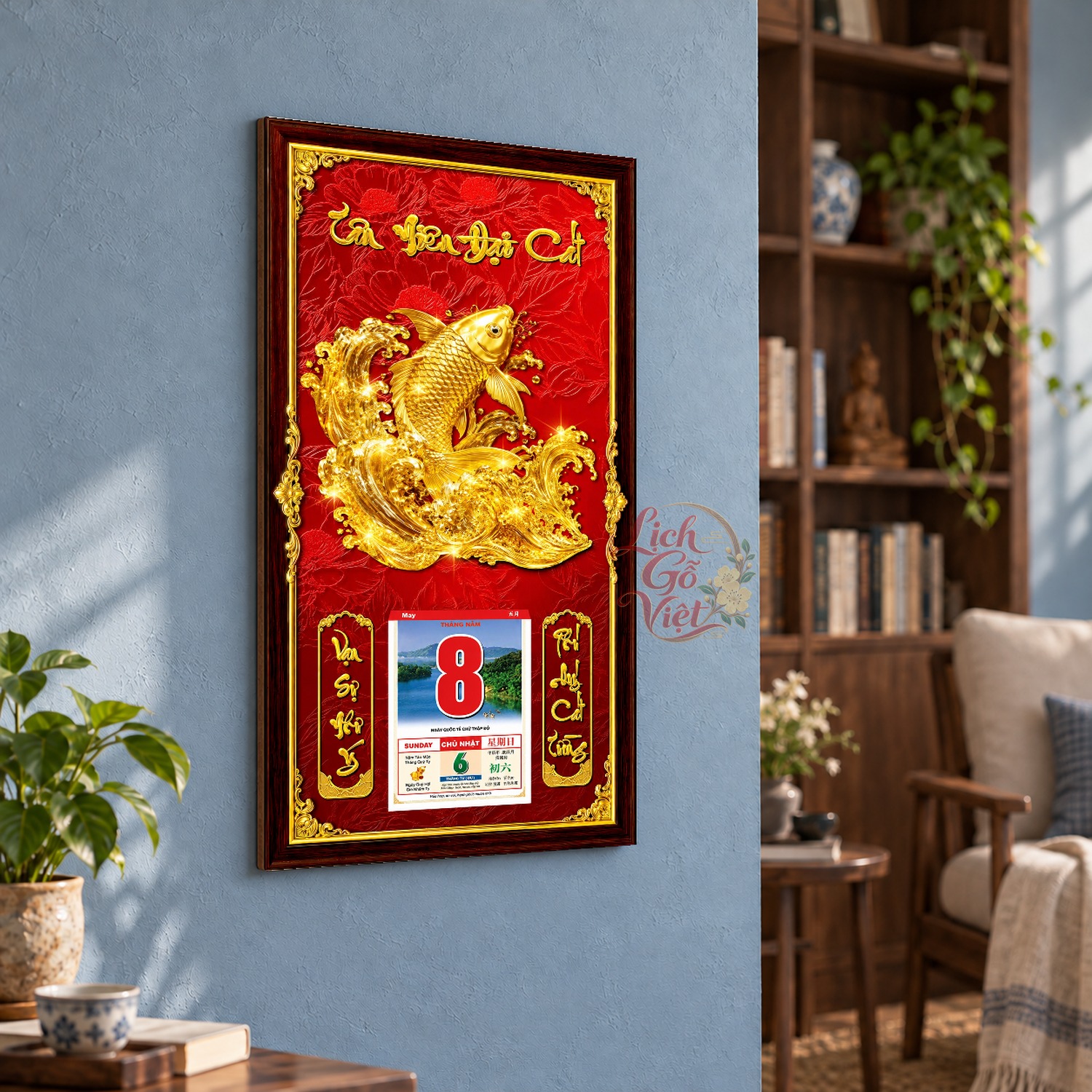 Lịch gỗ treo tường Cá Chép Vươn Sóng Nền Đỏ 39×79 cm – LGV27AK-17 — ảnh 3