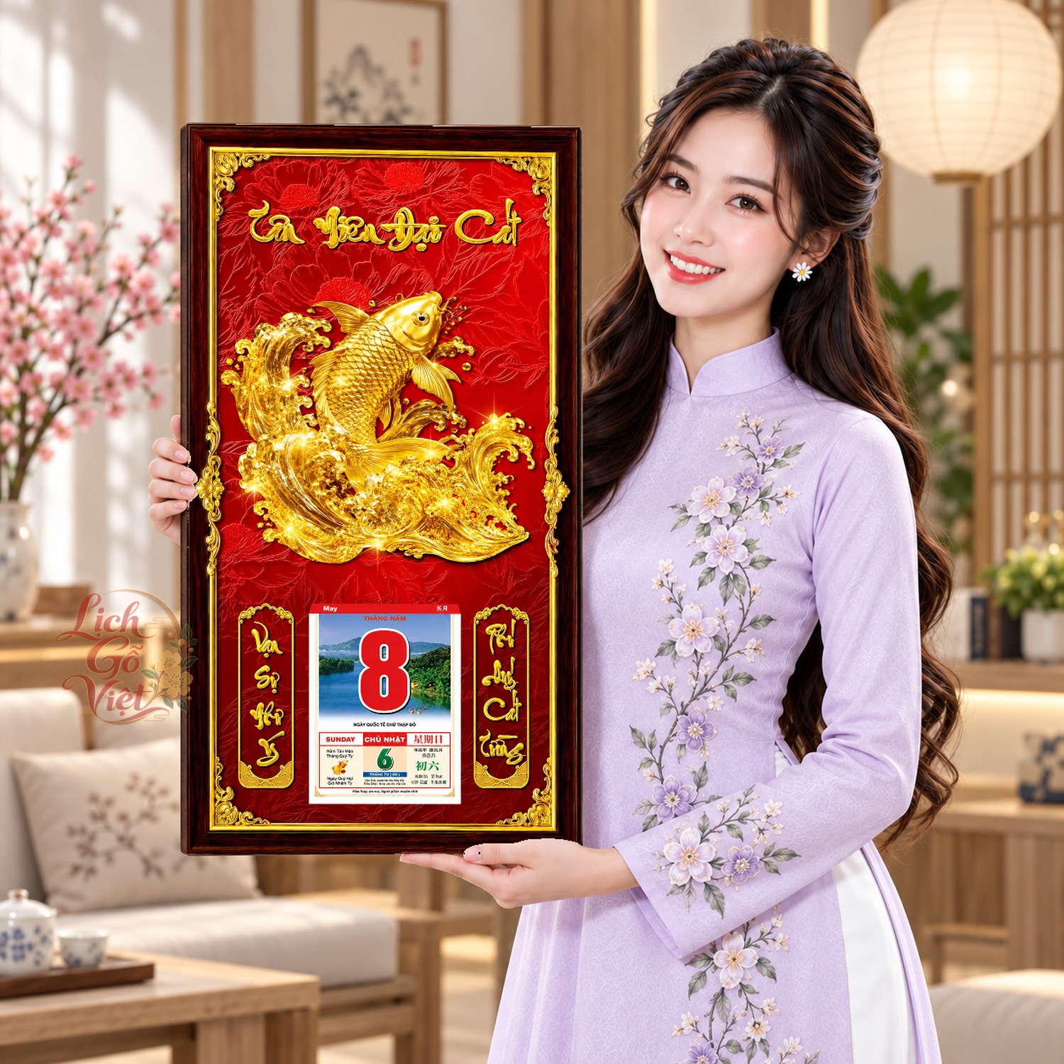 Lịch gỗ treo tường Cá Chép Vươn Sóng Nền Đỏ 39×79 cm – LGV27AK-17 — ảnh 4