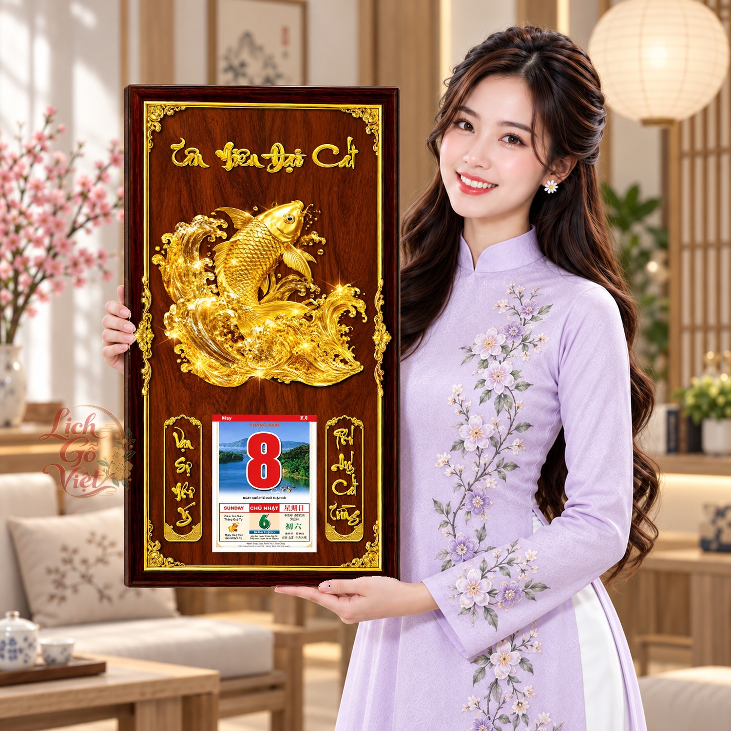 Lịch gỗ treo tường Cá Chép Vươn Sóng Nền Gỗ 39×79 cm – LGV27AK-18 — ảnh 4