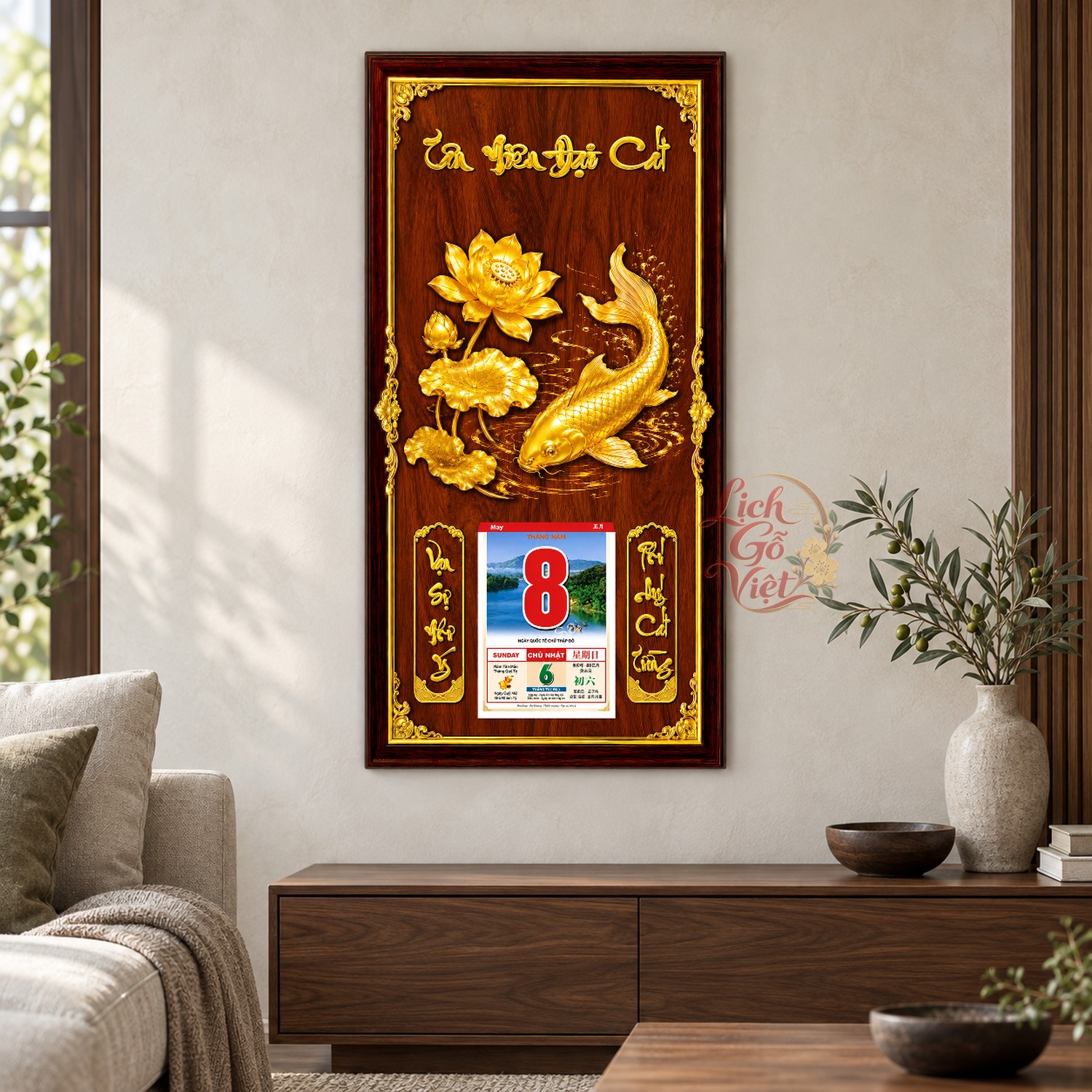 Lịch gỗ treo tường Liên Hoa Ngư Nền Gỗ 39×79 cm – LGV27AK-20 — ảnh 2