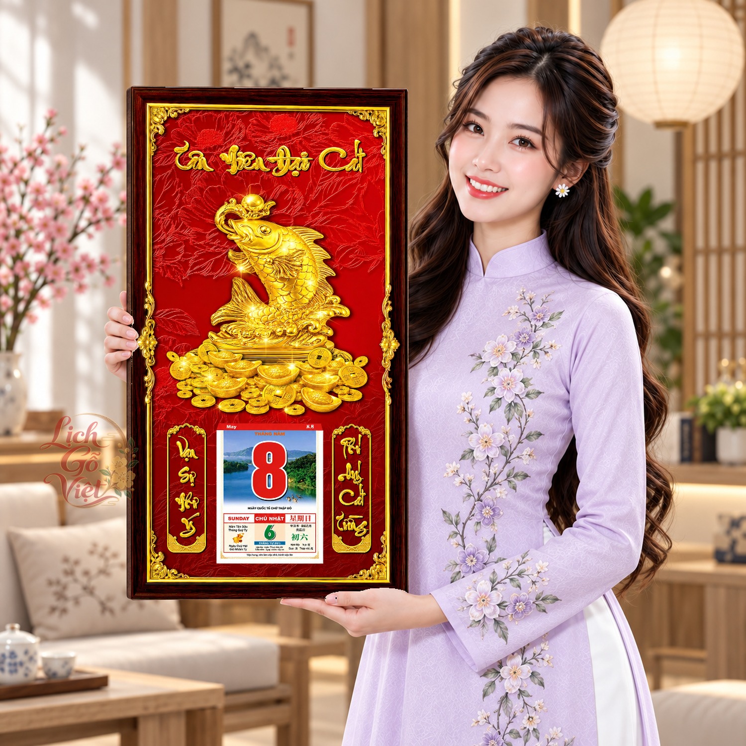 Lịch gỗ treo tường Cá Chép Kim Ngân Nền Đỏ 39×79 cm – LGV27AK-21 — ảnh 4