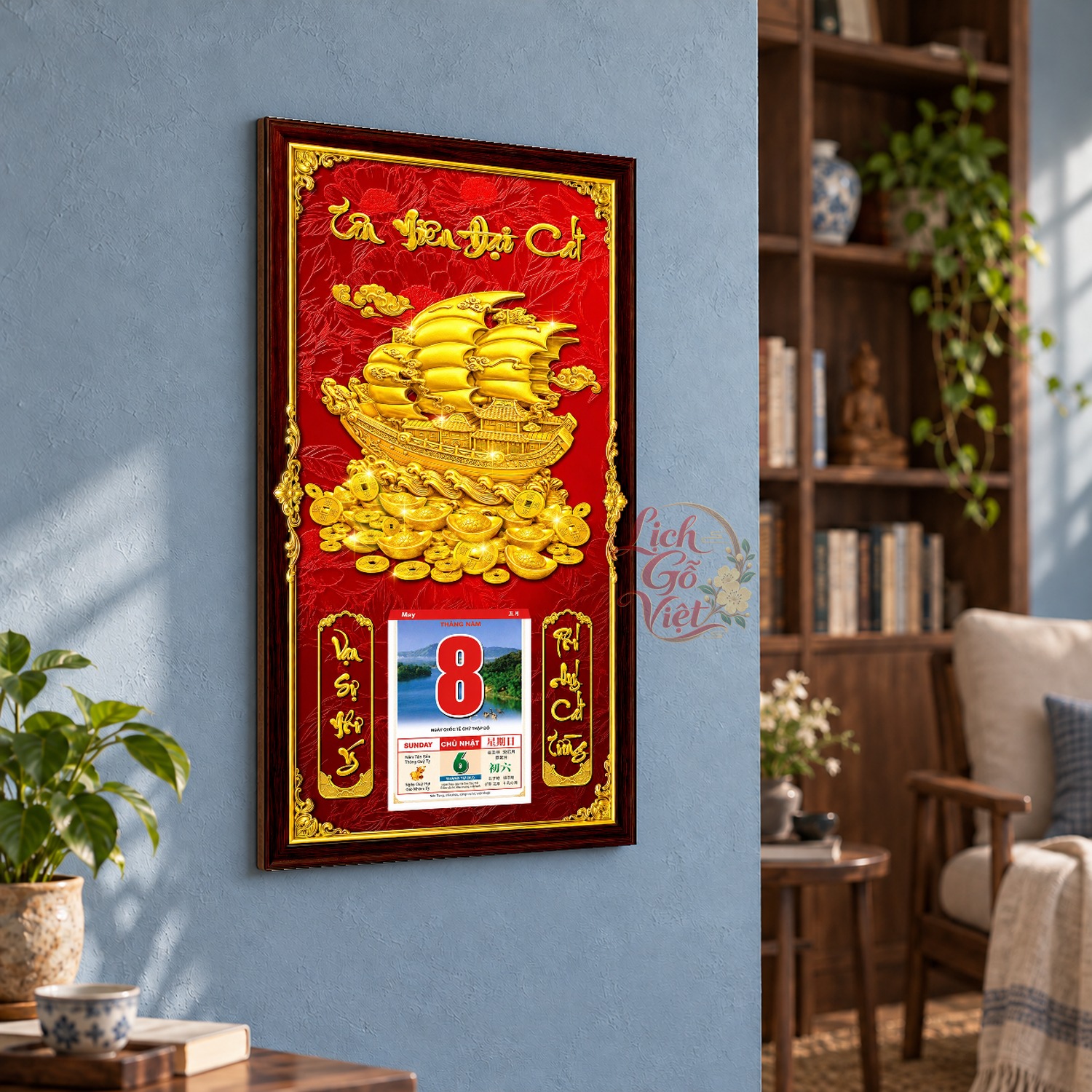 Lịch gỗ treo tường Thuyền Vàng Ra Khơi Nền Đỏ 39×79 cm – LGV27AK-24 — ảnh 3