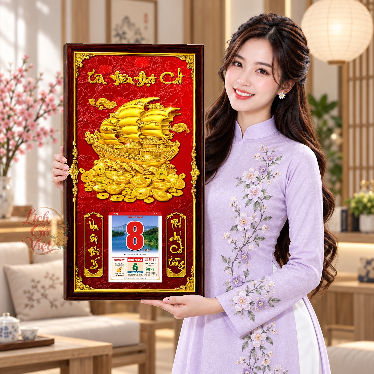 Lịch gỗ treo tường Thuyền Vàng Ra Khơi Nền Đỏ 39×79 cm – LGV27AK-24 — ảnh 4