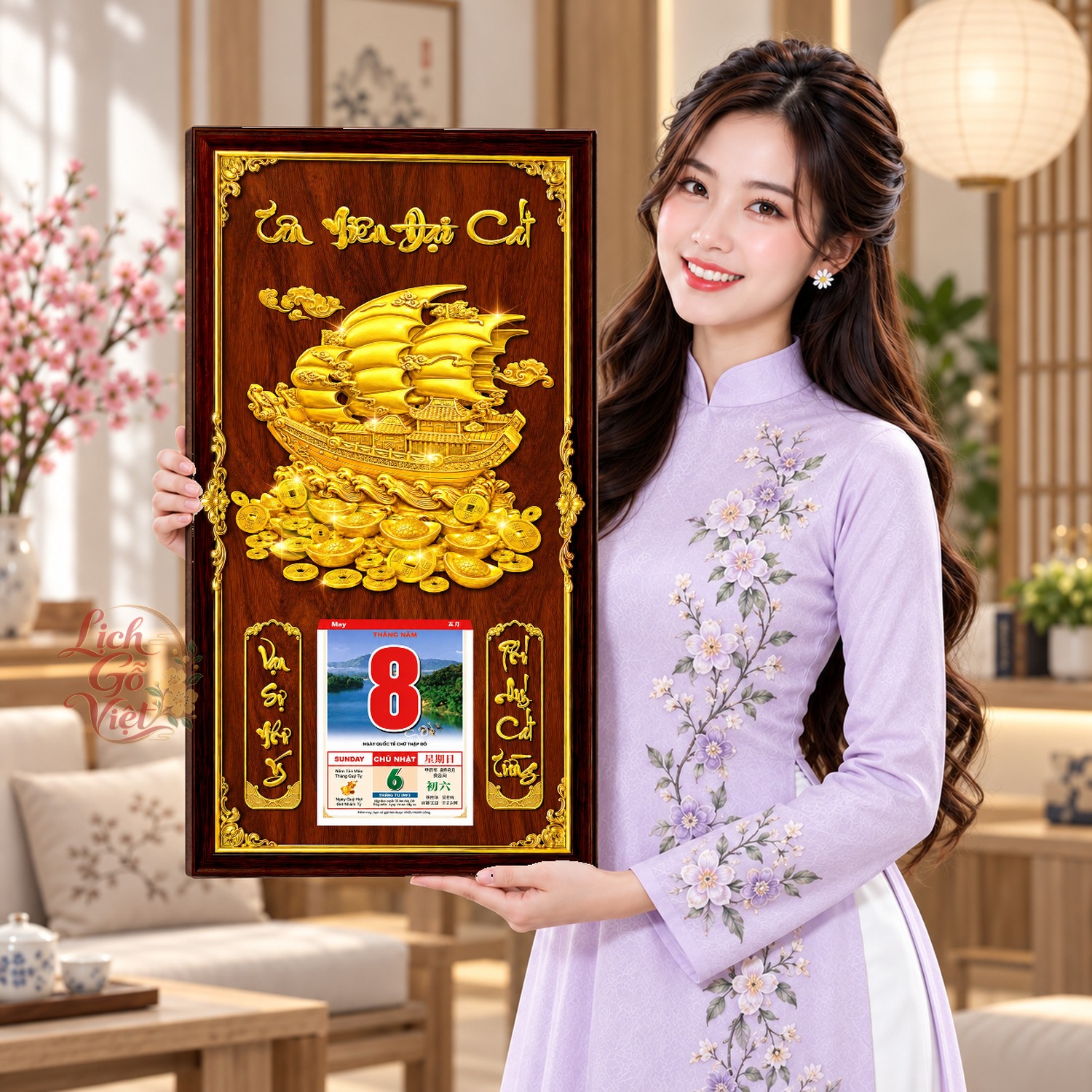Lịch gỗ treo tường Thuyền Vàng Ra Khơi Nền Gỗ 39×79 cm – LGV27AK-25 — ảnh 4
