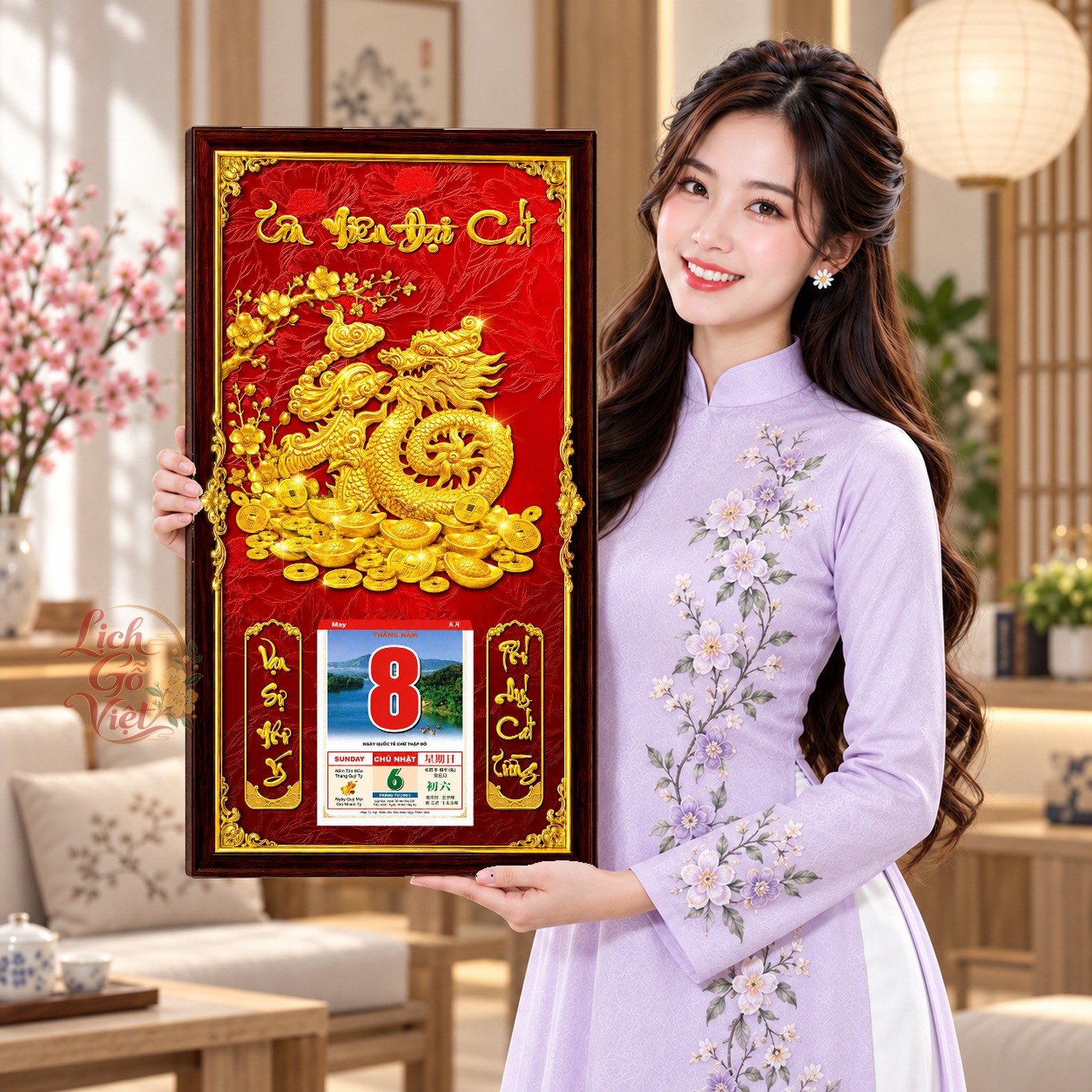 Lịch gỗ treo tường Kim Long Vân Hội Nền Đỏ 39×79 cm – LGV27AK-31 — ảnh 4