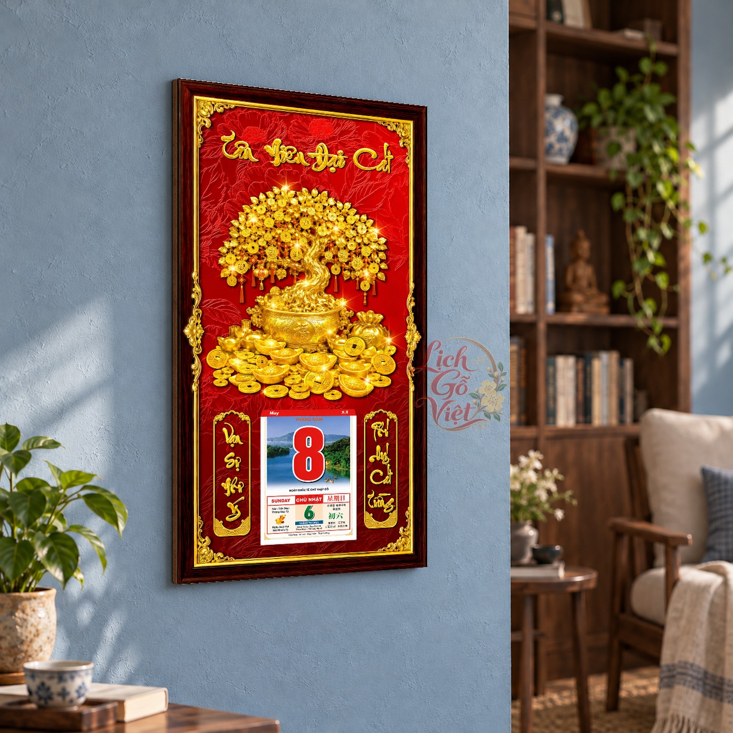 Lịch gỗ treo tường Kim Thụ Viên Mãn Nền Đỏ 39×79 cm – LGV27AK-36 — ảnh 3