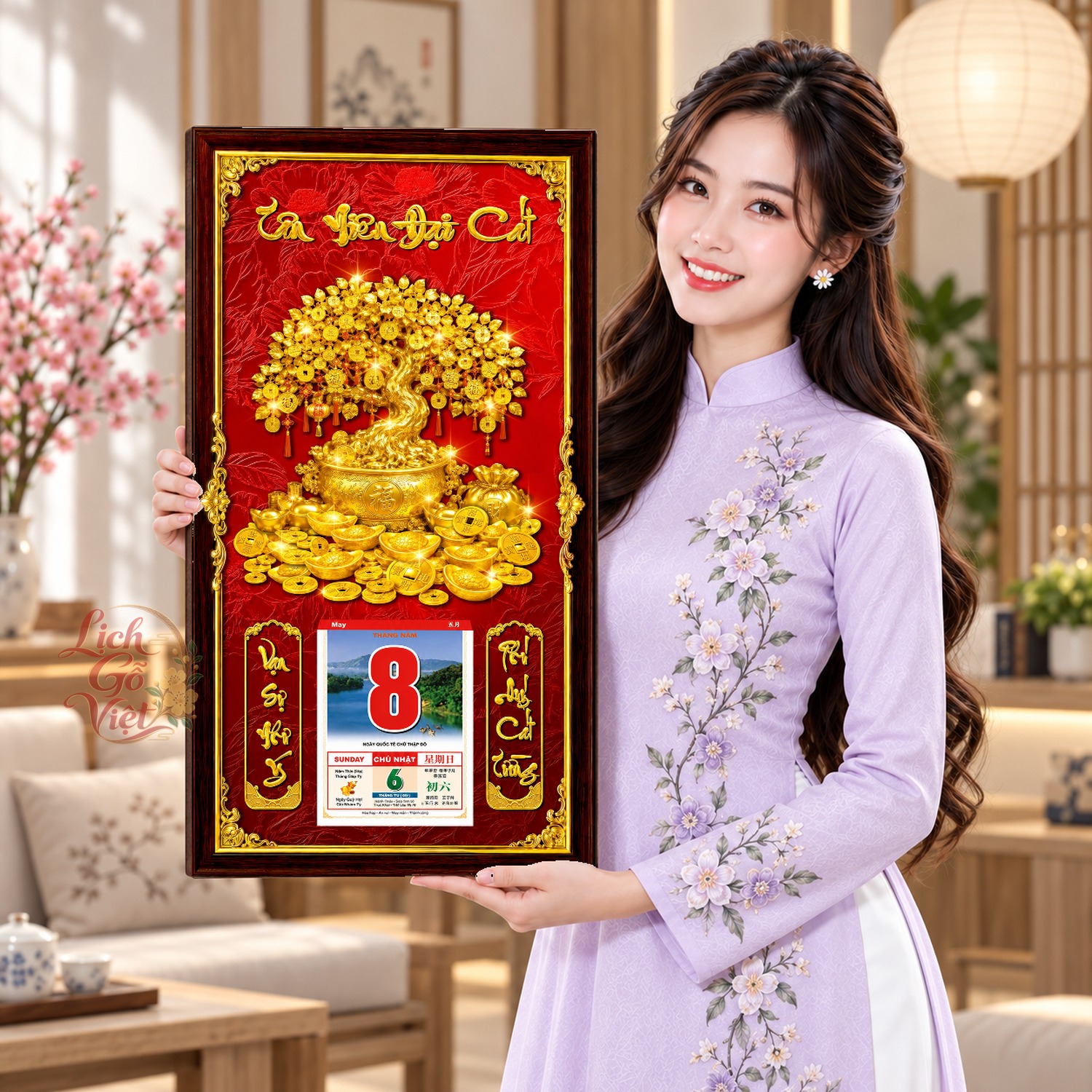 Lịch gỗ treo tường Kim Thụ Viên Mãn Nền Đỏ 39×79 cm – LGV27AK-36 — ảnh 4