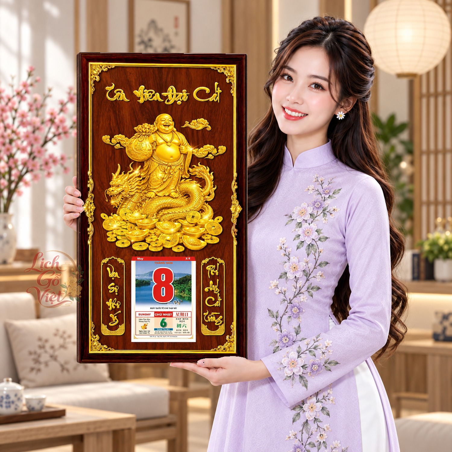 Lịch gỗ treo tường Di Lặc Long Du Nền Gỗ 39×79 cm – LGV27AK-51 — ảnh 4