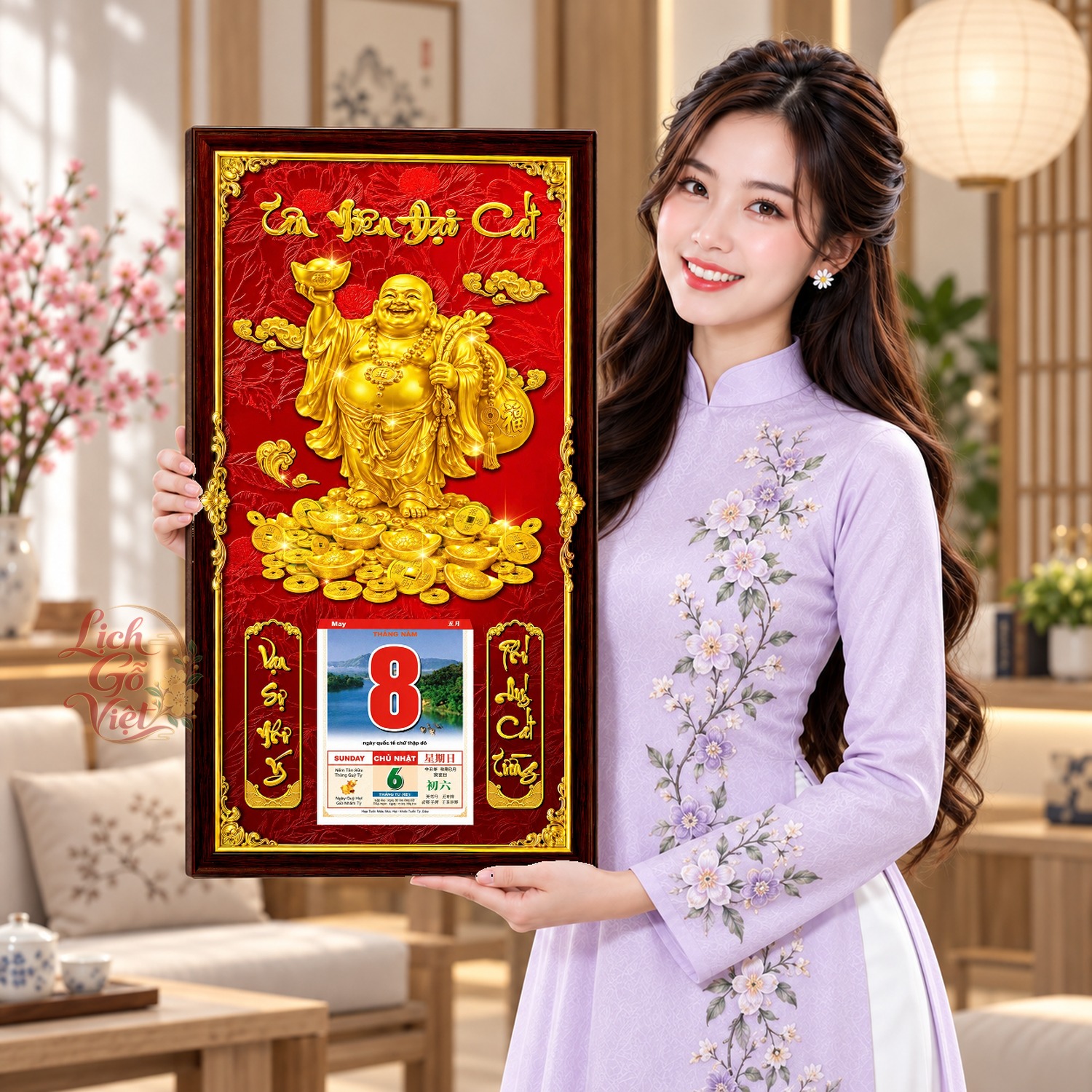 Lịch gỗ treo tường Di Lặc Đón Lộc Nền Đỏ 39×79 cm – LGV27AK-56 — ảnh 4