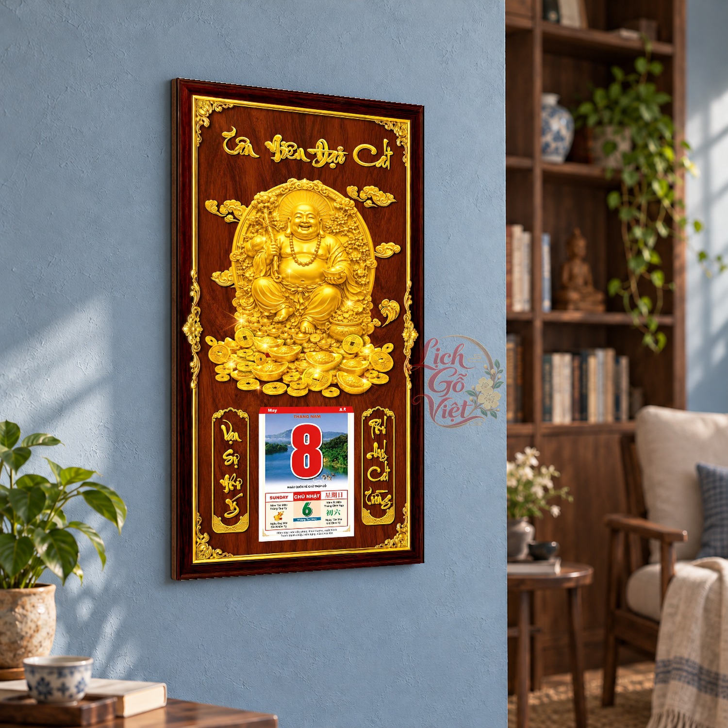 Lịch gỗ treo tường Di Lặc Phúc Viên Nền Gỗ 39×79 cm – LGV27AK-59 — ảnh 3