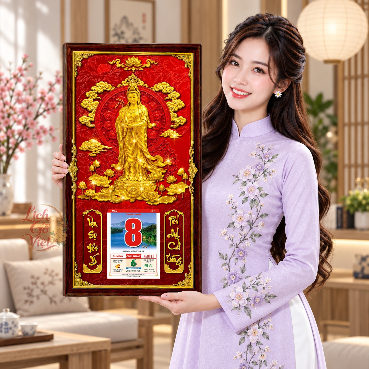 Lịch gỗ treo tường An Nhiên Liên Hoa Nền Đỏ 39×79 cm – LGV27AK-87 — ảnh 4