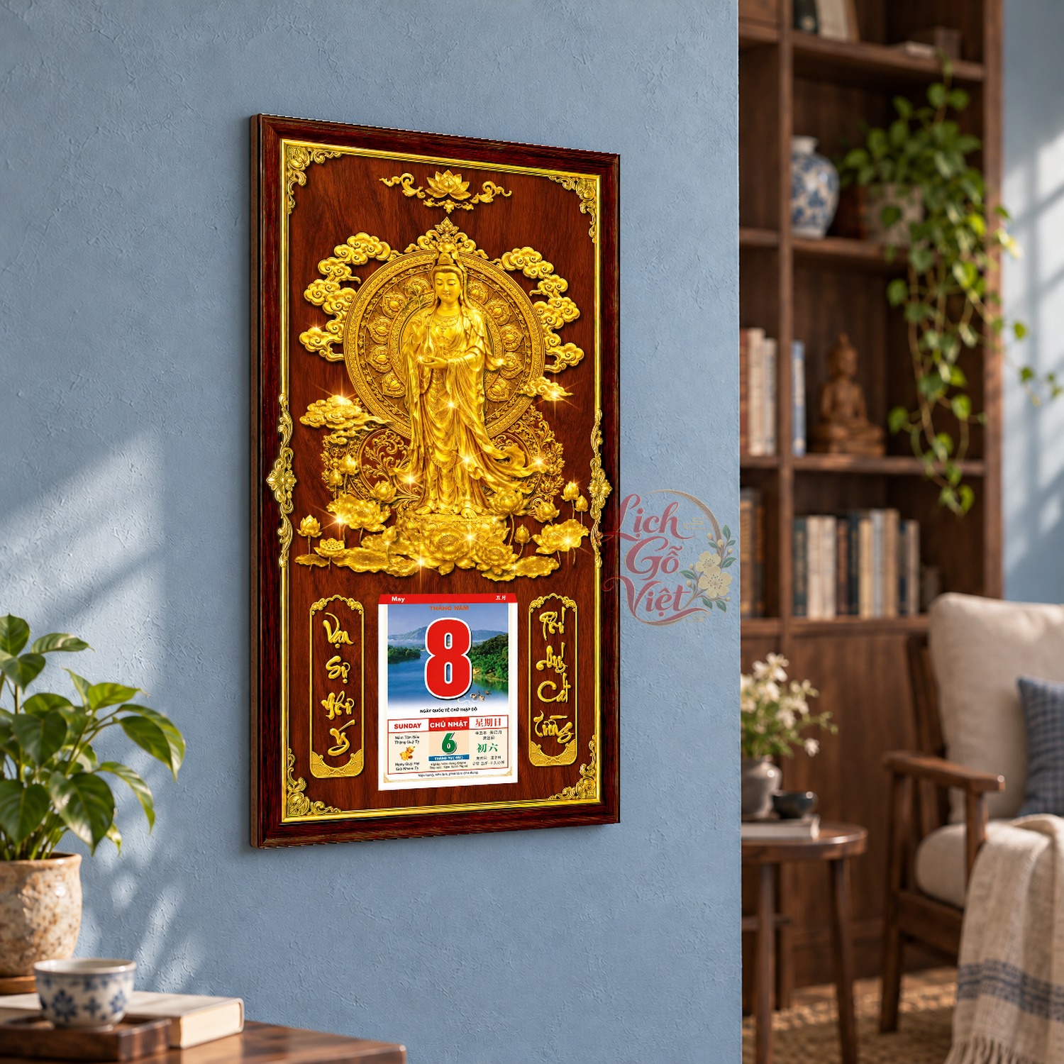 Lịch gỗ treo tường An Nhiên Liên Hoa Nền Gỗ 39×79 cm – LGV27AK-88 — ảnh 3