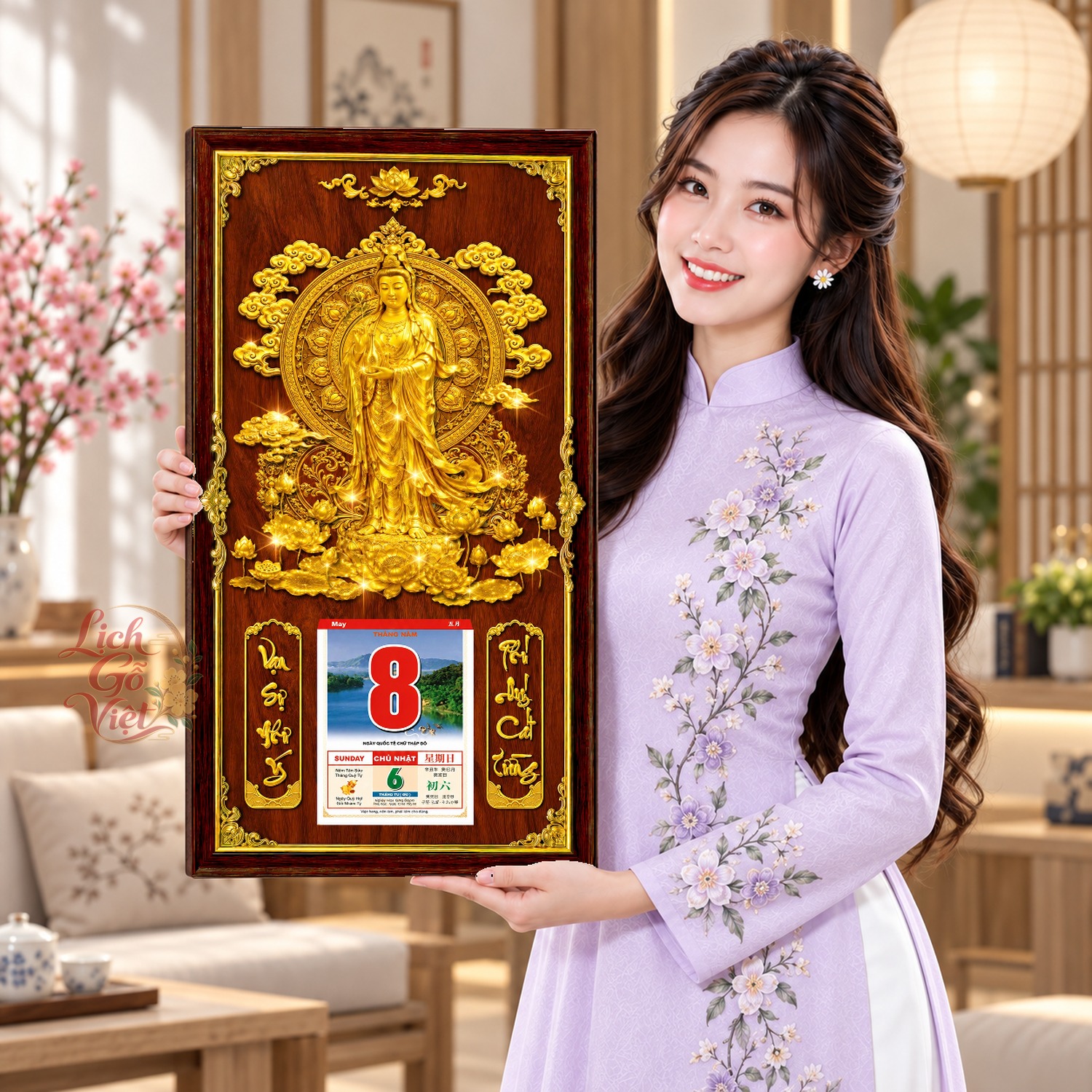 Lịch gỗ treo tường An Nhiên Liên Hoa Nền Gỗ 39×79 cm – LGV27AK-88 — ảnh 4