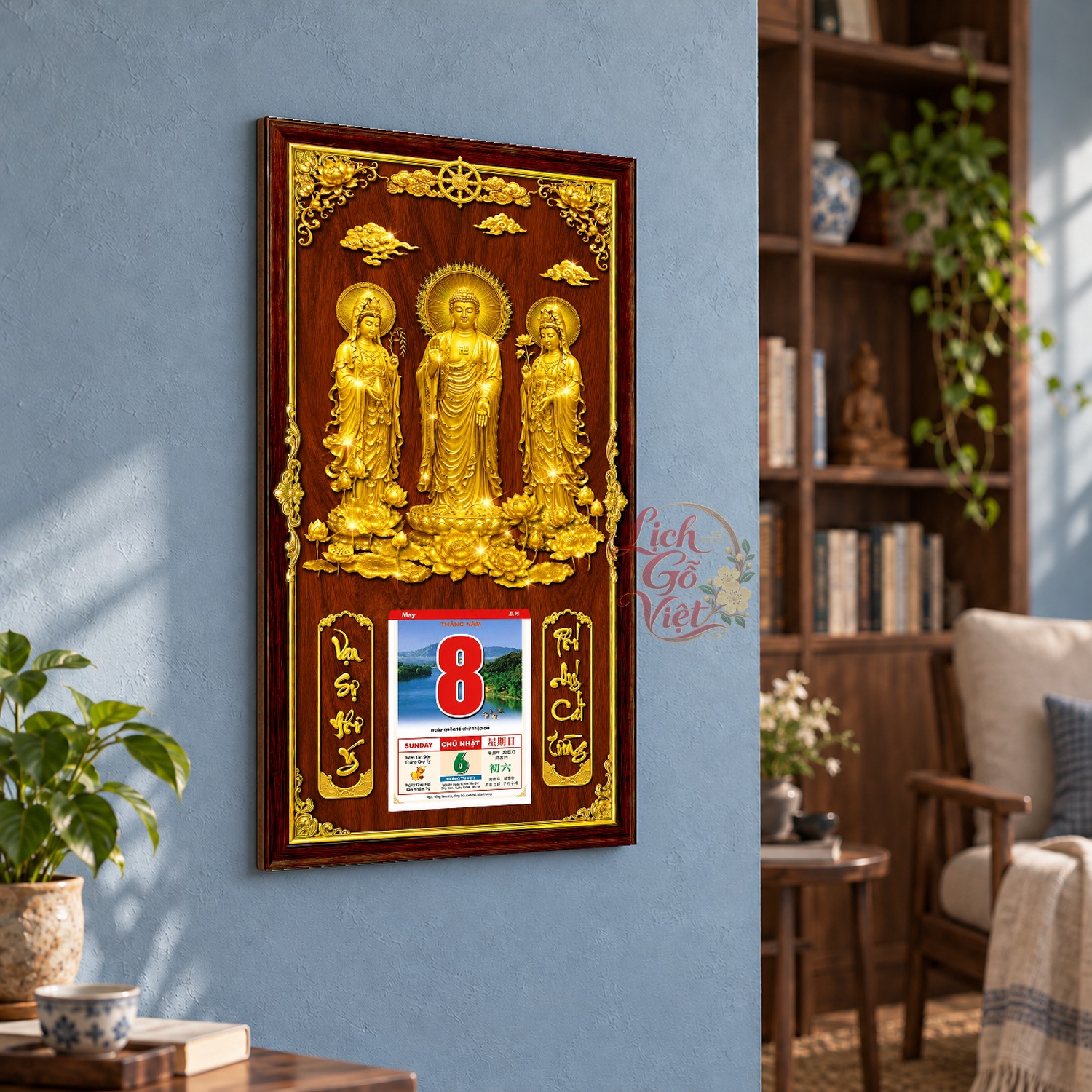 Lịch gỗ treo tường Tam Tôn An Lạc Nền Gỗ 39×79 cm – LGV27AK-90 — ảnh 3