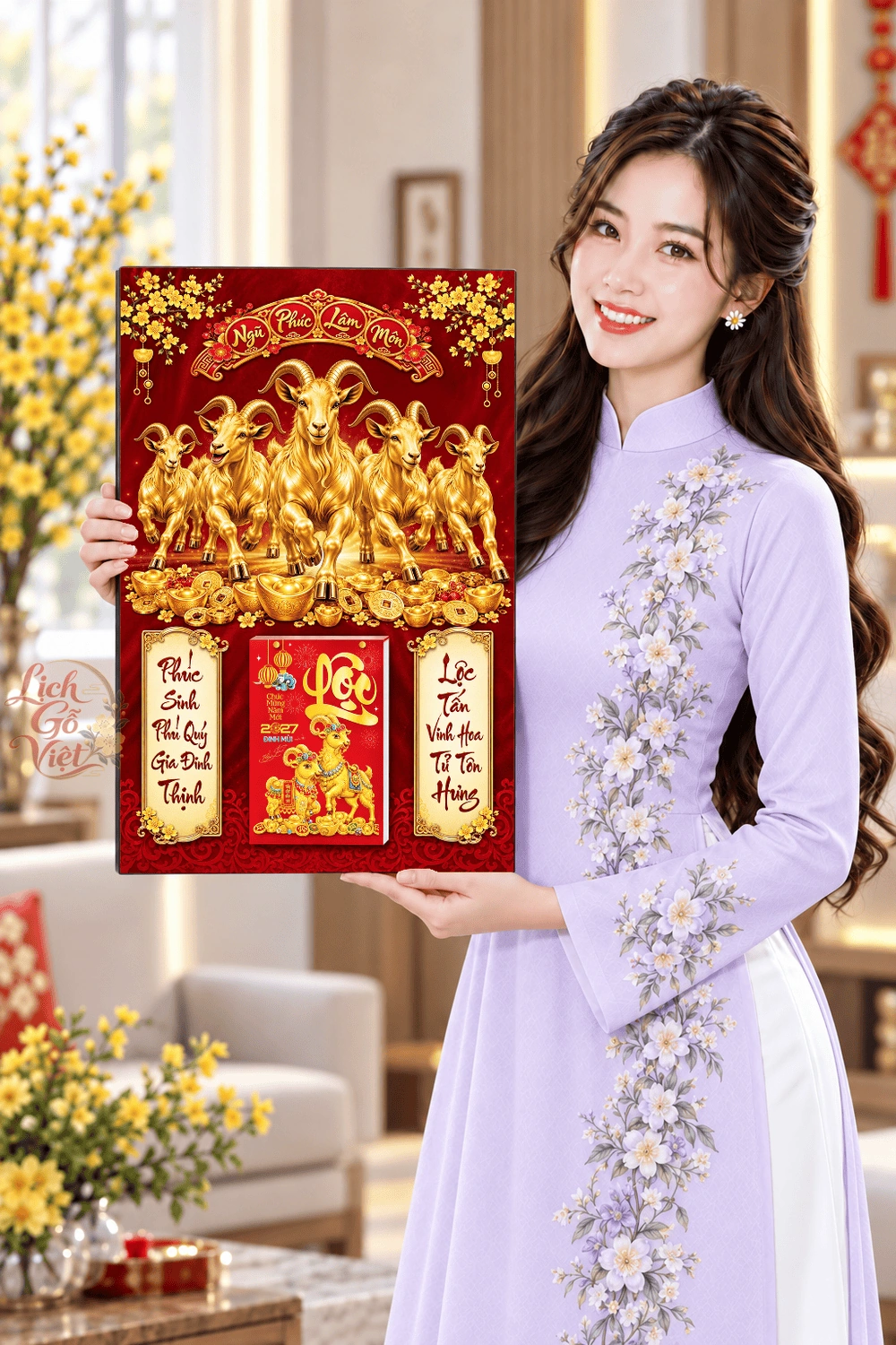 Lịch gỗ treo tường 2027 Ngũ Phúc Lâm Môn 40x60cm LGV27T4-32 — ảnh 4