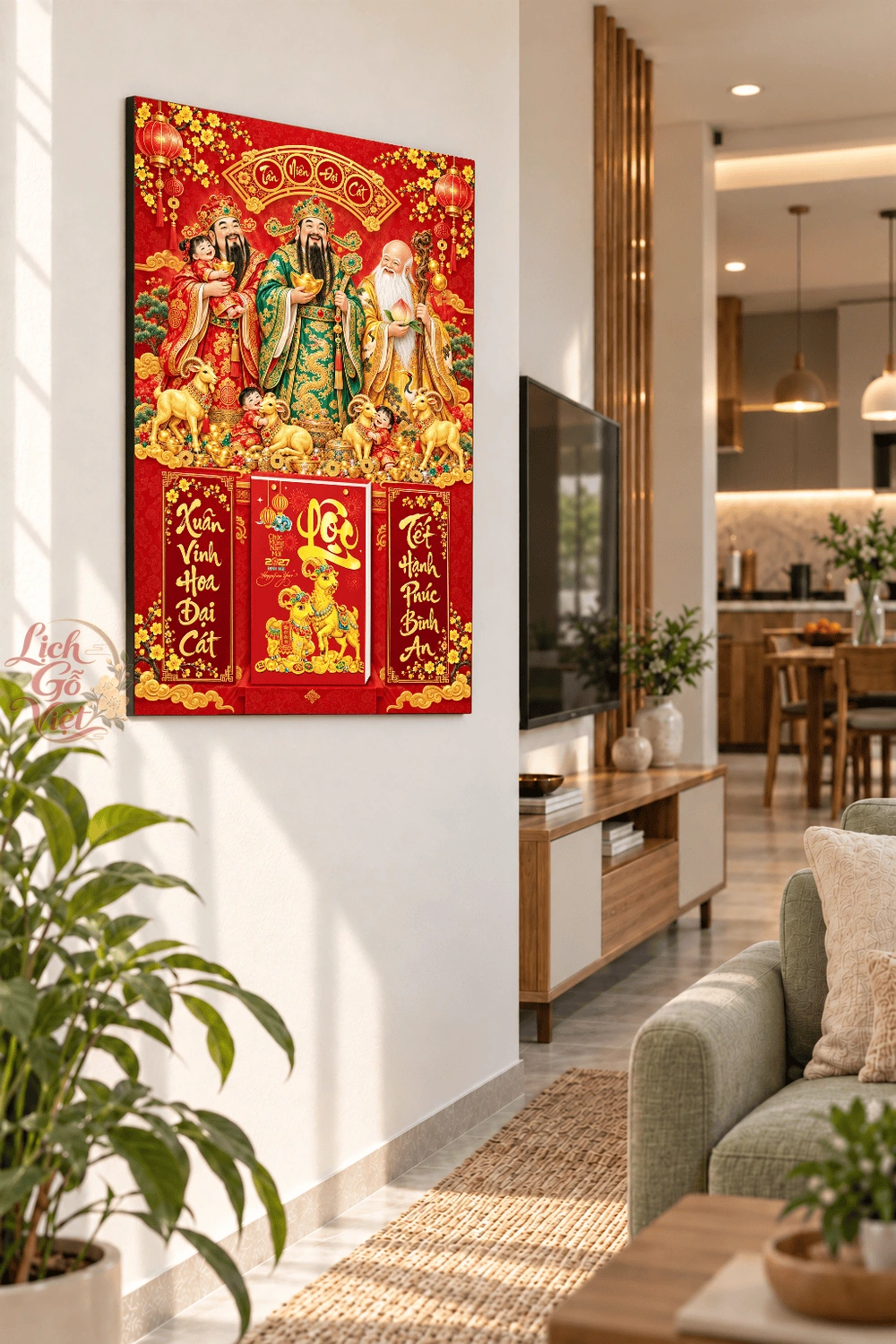 Lịch gỗ treo tường 2027 Tam Đa Tân Niên Đại Cát 40x60cm LGV27T4-37 — ảnh 3