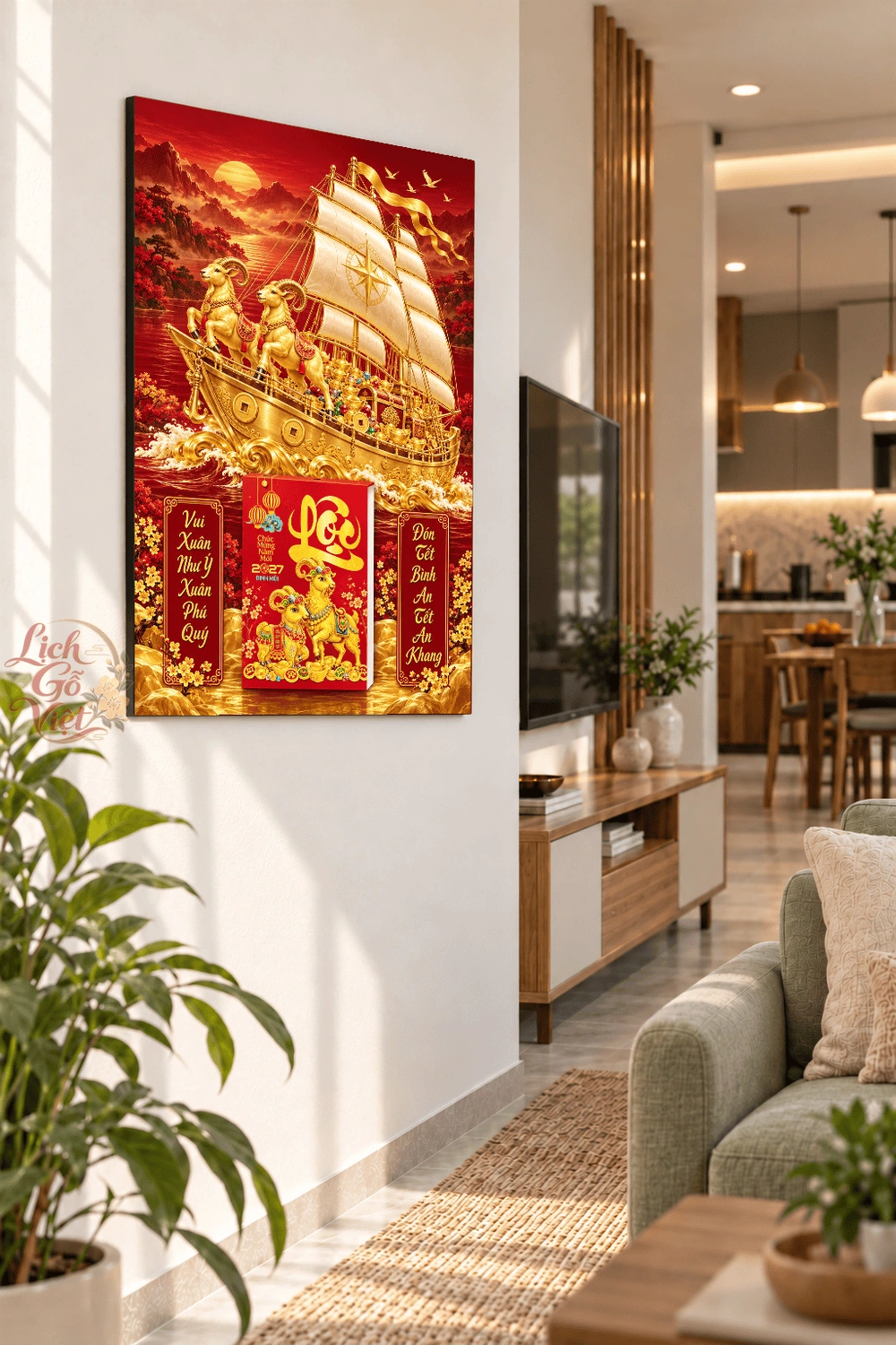 Lịch gỗ treo tường 2027 Song Dương Kim Thuyền 40x60cm LGV27T4-41 — ảnh 3