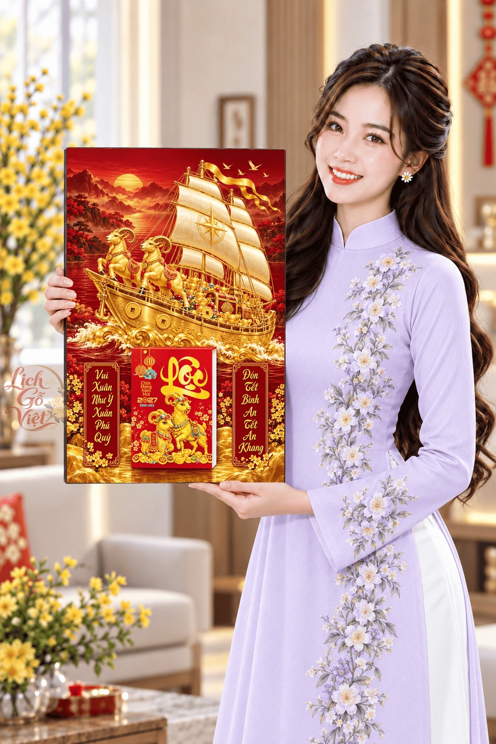 Lịch gỗ treo tường 2027 Song Dương Kim Thuyền 40x60cm LGV27T4-41 — ảnh 4