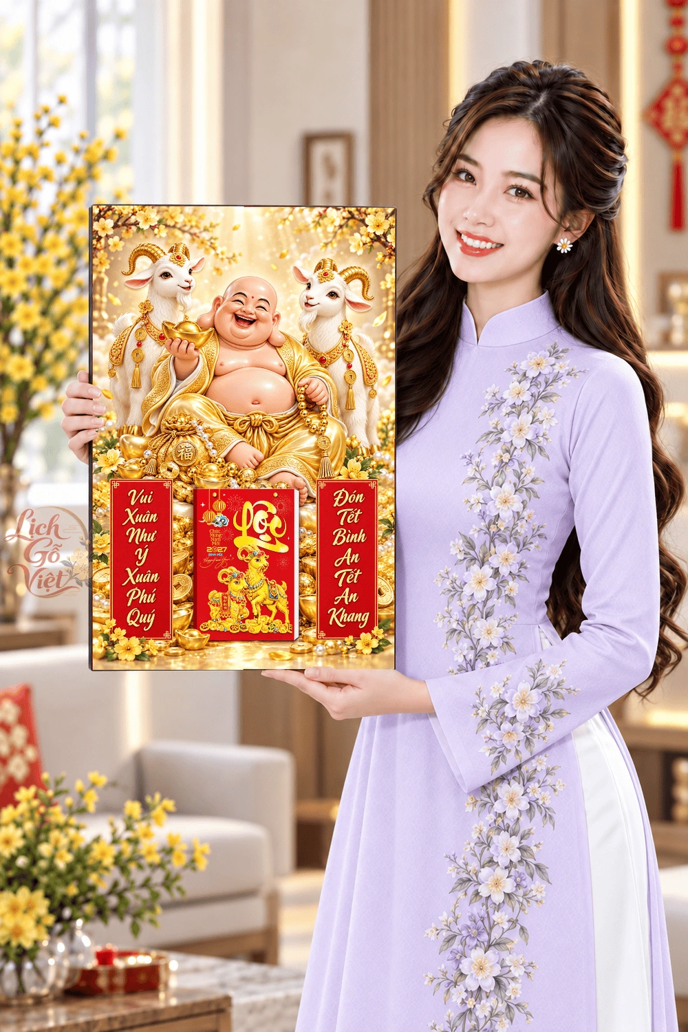Lịch gỗ treo tường 2027 Di Lặc Song Bạch Dương 40x60cm LGV27T4-43 — ảnh 4