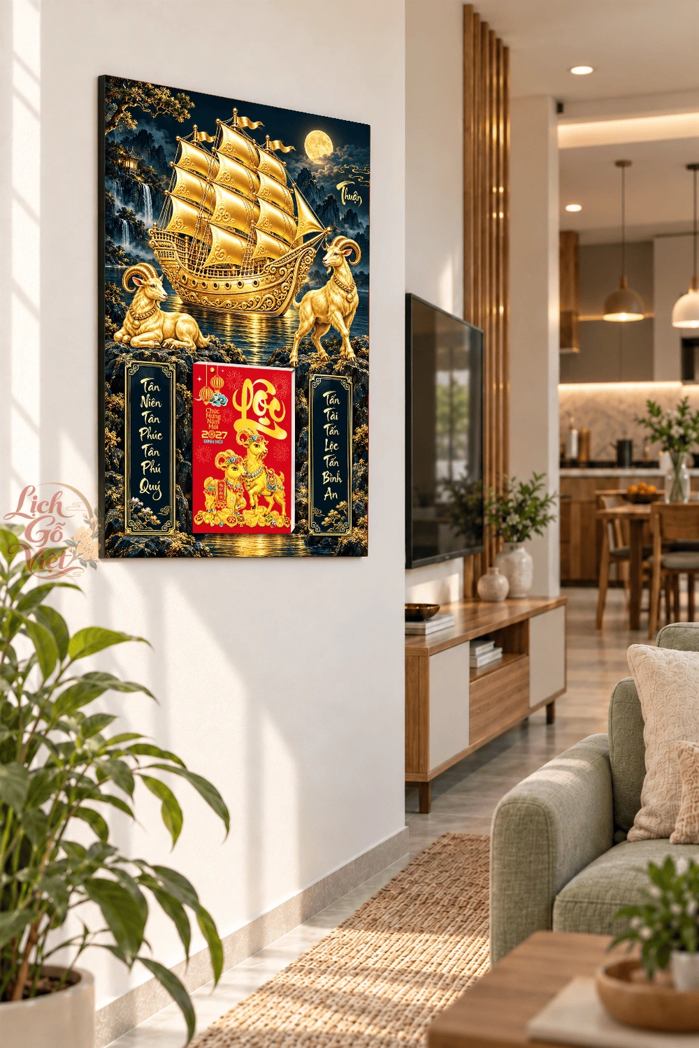 Lịch gỗ treo tường 2027 Kim Thuyền Nguyệt Dạ 40x60cm LGV27T4-56 — ảnh 3