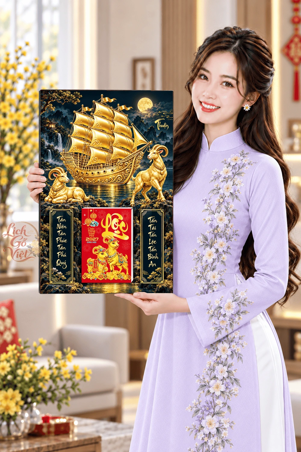 Lịch gỗ treo tường 2027 Kim Thuyền Nguyệt Dạ 40x60cm LGV27T4-56 — ảnh 4