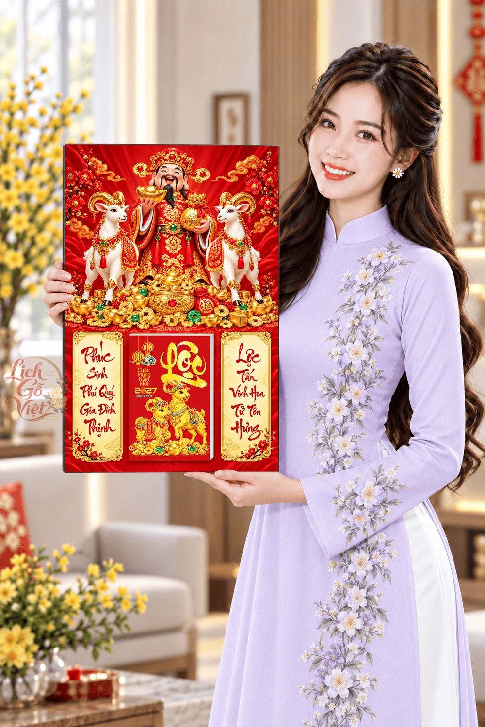 Lịch gỗ treo tường 2027 Thần Tài Song Dương 40x60cm LGV27T4-58 — ảnh 4