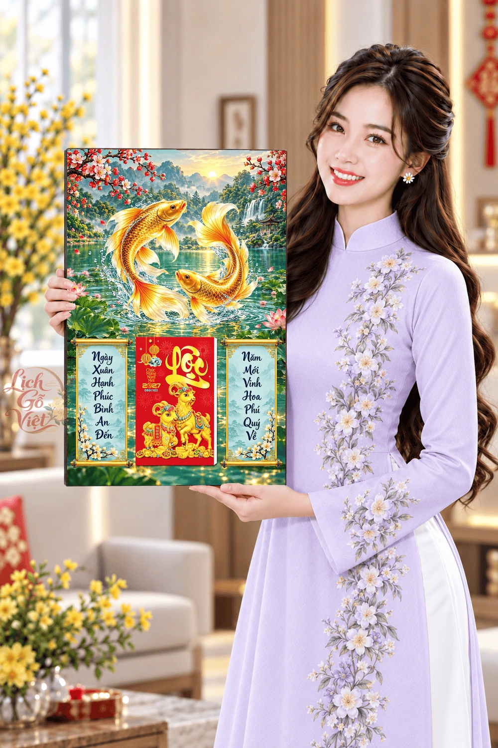 Lịch gỗ treo tường 2027 Song Ngư Kim Sắc Sơn Thủy 40x60cm LGV27T4-61 — ảnh 4