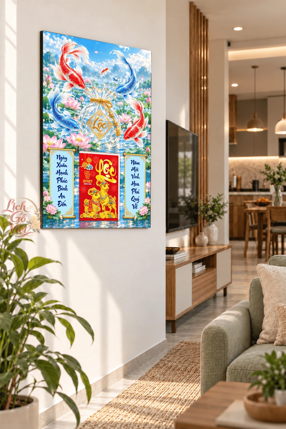 Lịch gỗ treo tường 2027 Tứ Ngư Túi Lộc 40x60cm LGV27T4-62 — ảnh 3