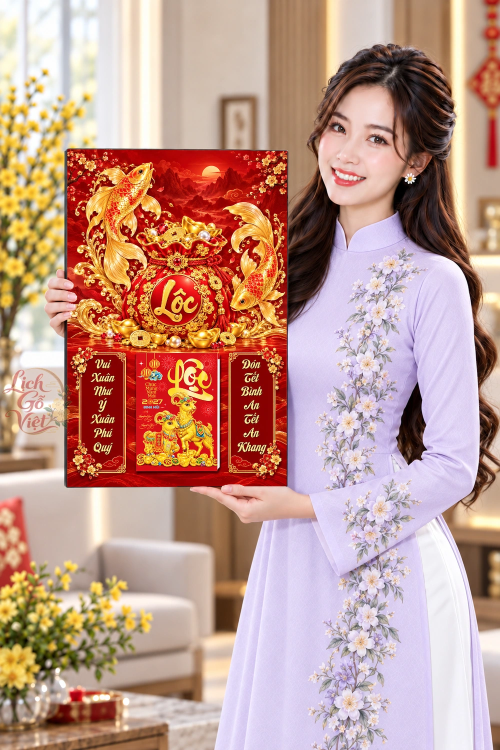Lịch gỗ treo tường 2027 Song Ngư Kim Hồng 40x60cm LGV27T4-64 — ảnh 4