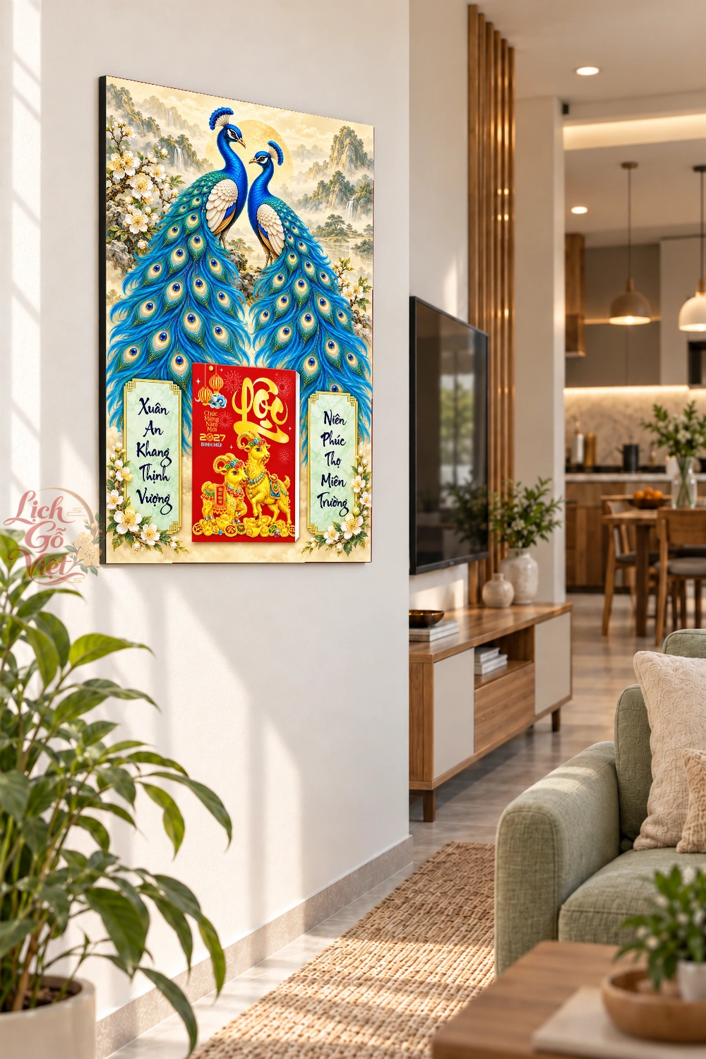 Lịch gỗ treo tường 2027 Song Công Phú Quý 40x60cm LGV27T4-67 — ảnh 3