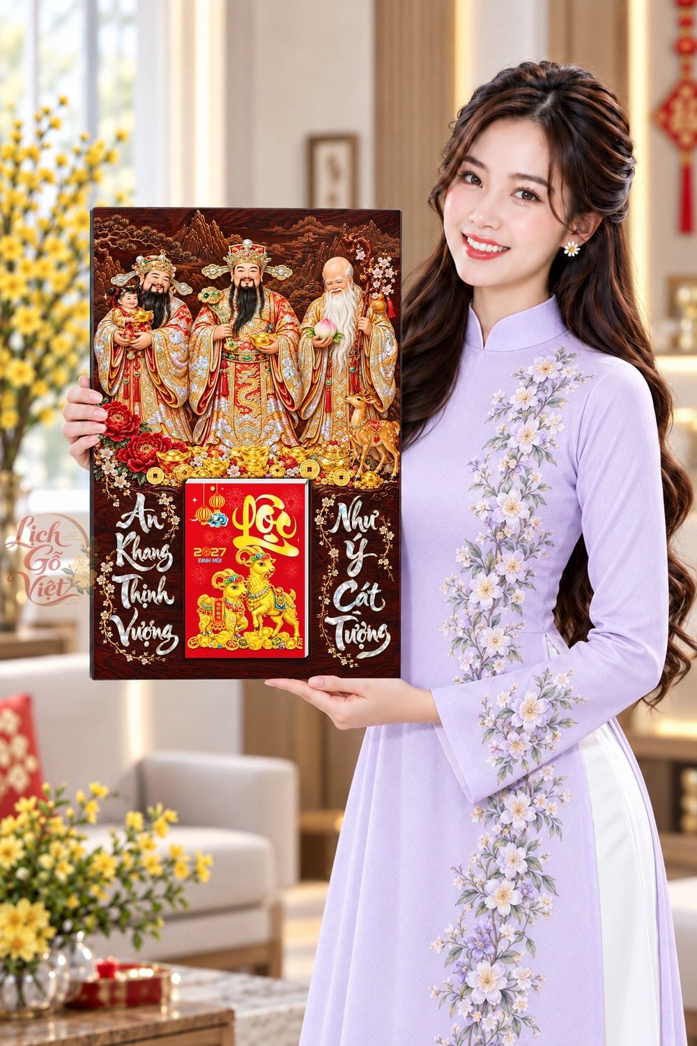 Lịch gỗ treo tường 2027 Tam Đa Cát Tường 40x60cm LGV27T4-75 — ảnh 4