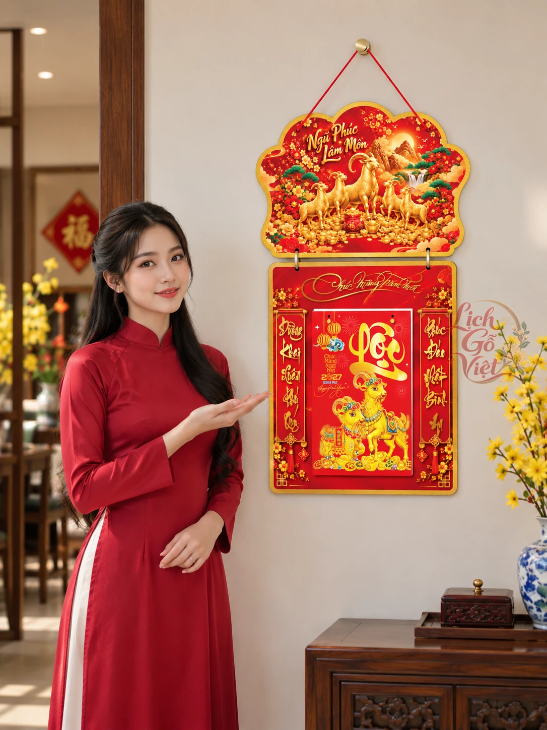Lịch gỗ 2 thân 2027 Ngũ Phúc Lâm Môn LGV27T2-01 — ảnh 1