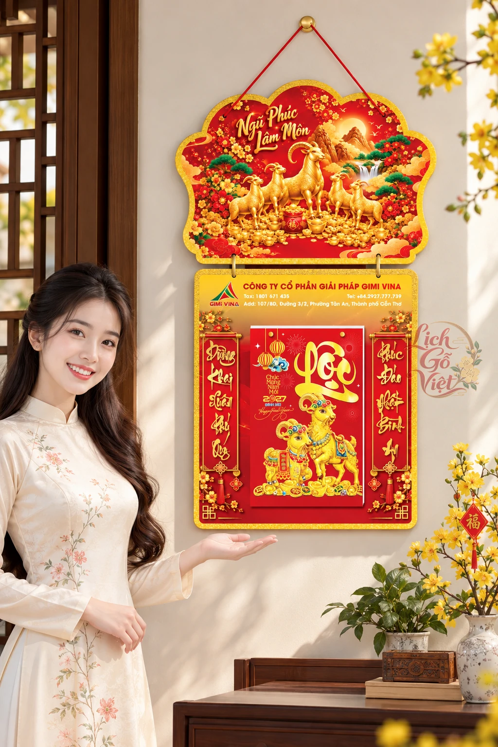 Lịch gỗ 2 thân 2027 Ngũ Phúc Lâm Môn LGV27T2-01 — ảnh 3