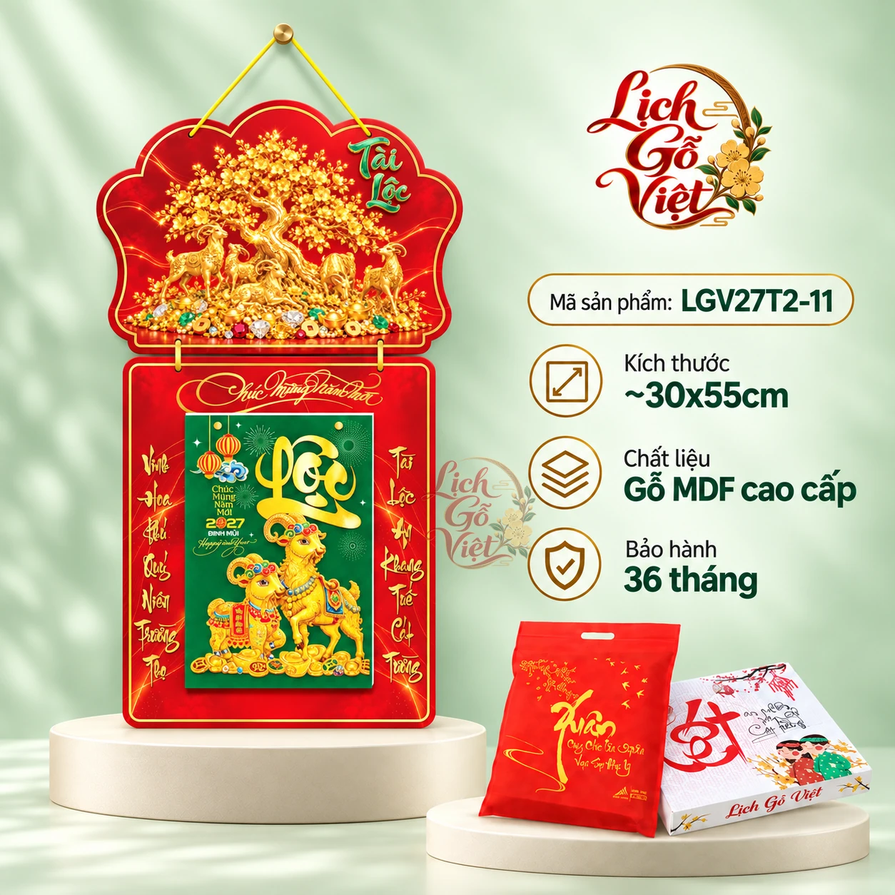 Lịch gỗ 2 thân 2027 Cây Tài Lộc LGV27T2-11